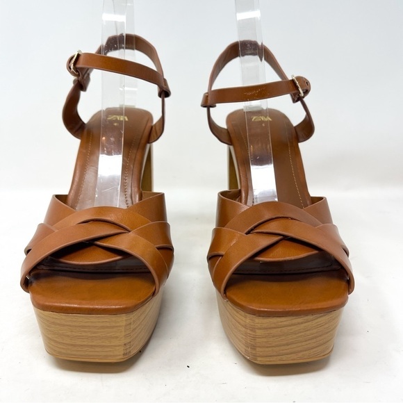 NEW Zara Leather Platform retro chunky Strappy Wooden Heeled Sandals Size 41 - Picture 4 of 10